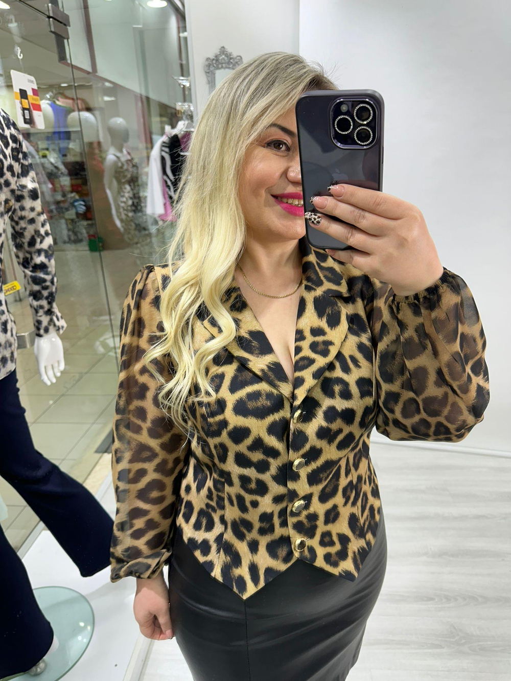 Kolları Şifon Düğmeli Leopar Desen Gömlek Bluz stp 25k1266