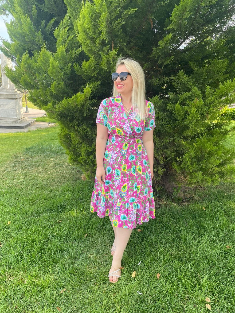 Kravuze Pamuk Etnik Desen Pembe  Elbise 5783