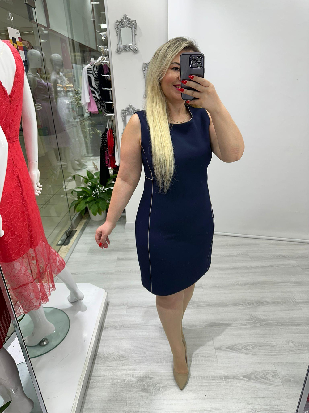 Lacivert Biye Detaylı Klasik Elbise 5991