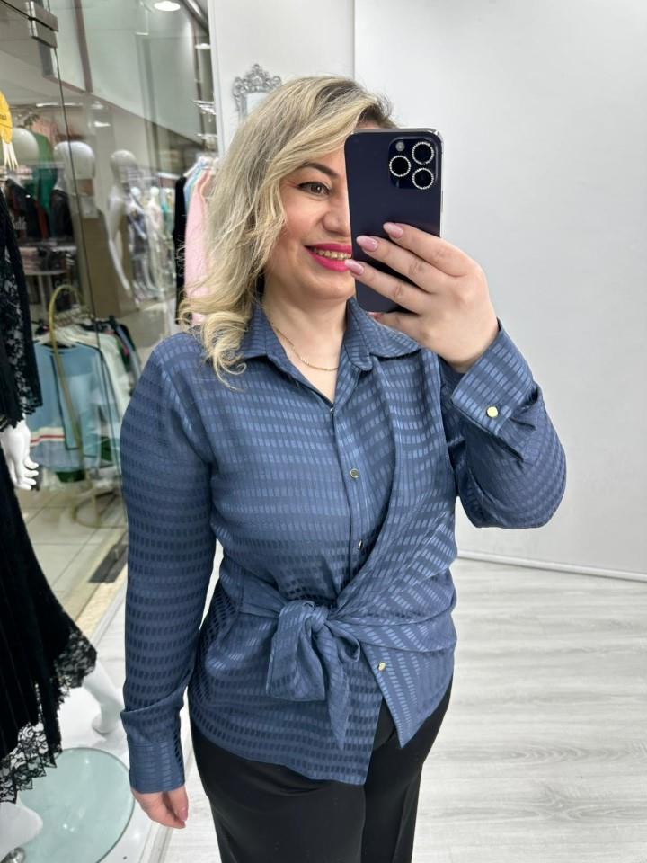 Lacivert İndigo Desenli Yandan Bağlamalı Saten Gömlek Bluz stp 26Y1330