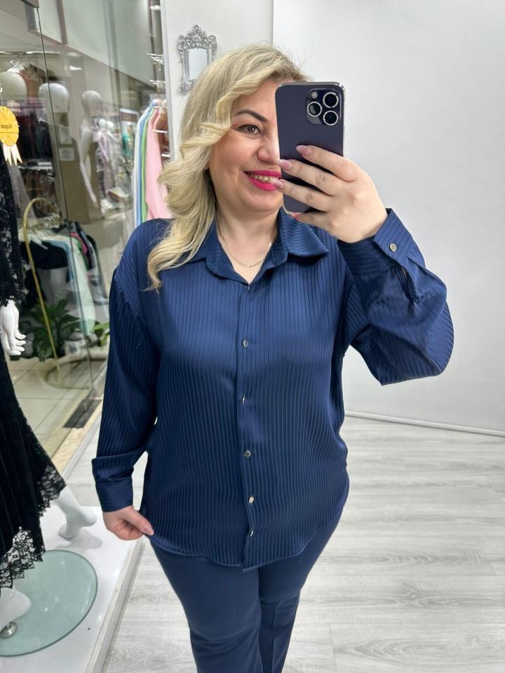 Lacivert Premium Nibet Kumaş Kendinden Çizgili Saten Gömlek stp 26y1329 