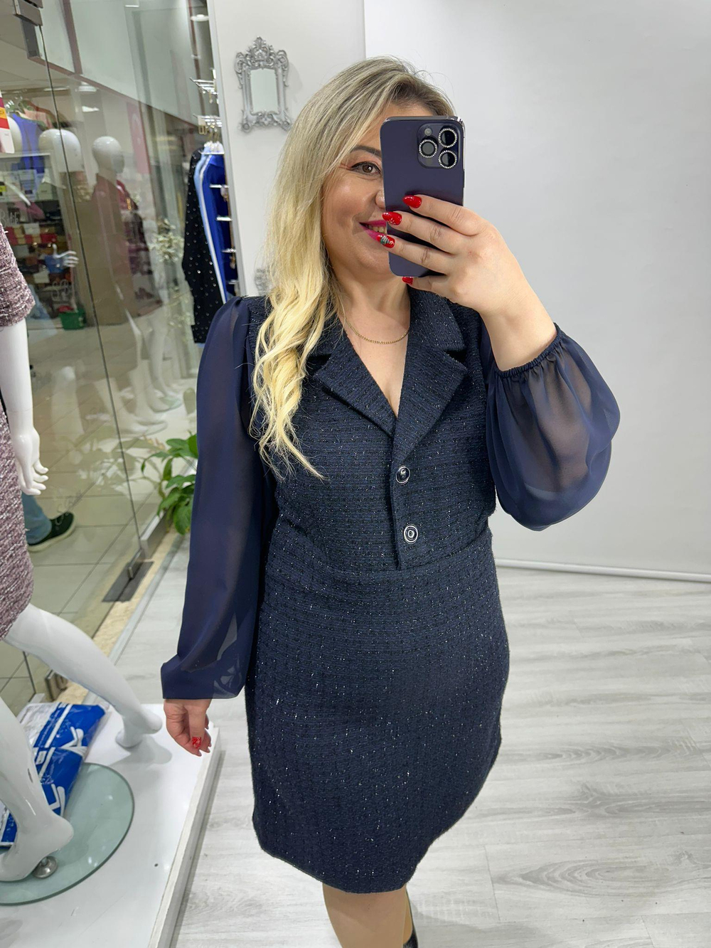 Lacivert Simli Şanel Kumaş Kolları Şifon Yakalı Elbise stp 25k2416