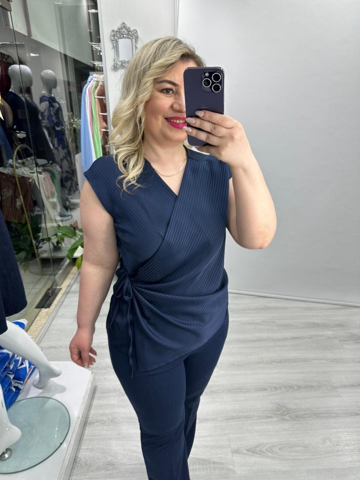 Lacivert Yandan Bağlamalı Kolsuz Premium Nibet Kumaş Kendinden Çizgili Saten Bluz stp 26y1358