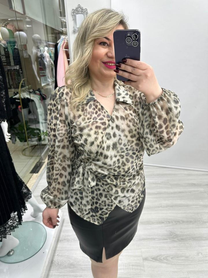 Leopar Desenli Kruvaze Yandan Bağlamalı Şifon Bluz stp 26y1443