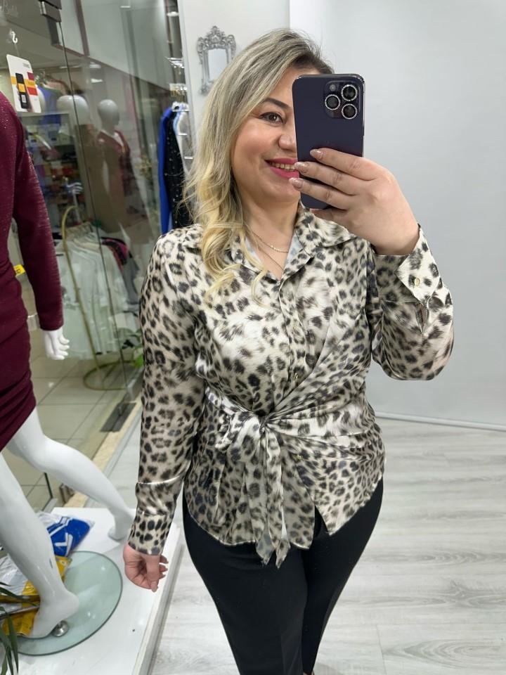 Leopar Desenli Yandan Bağlamalı Şifon Saten Gömlek stp 25y1289