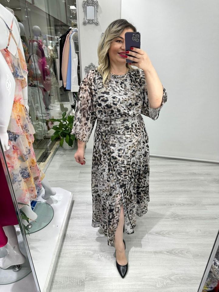 Leopar Desenli  Yarasa Kol  YandanYırtmaçlı Midi Boy Elbise stp 25k2364
