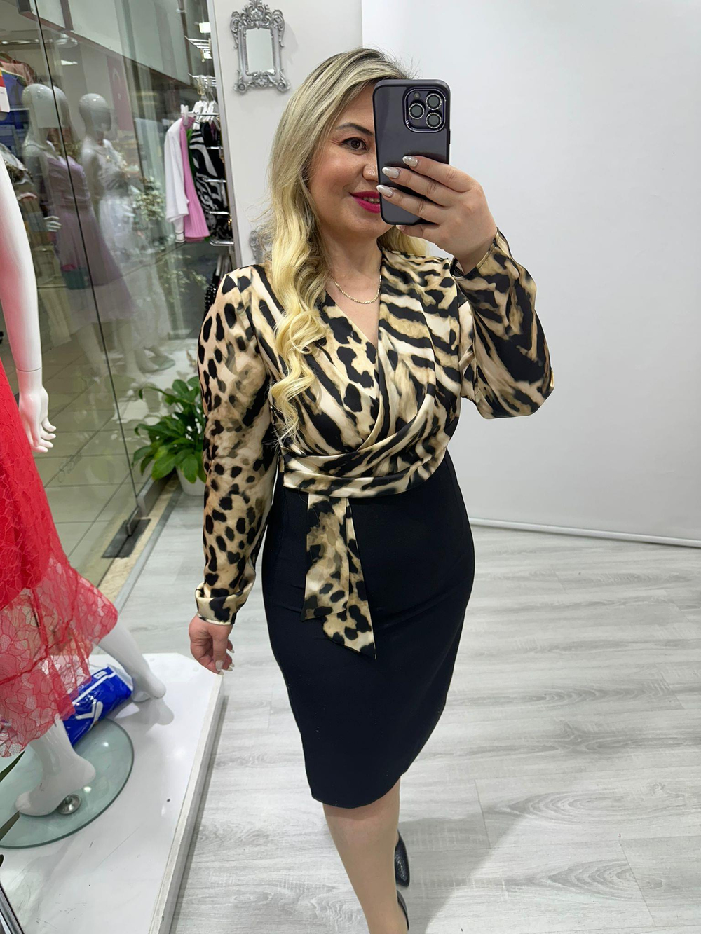 Leopar Şifon Üst Siyah Alt Double Elbise stp 2346 