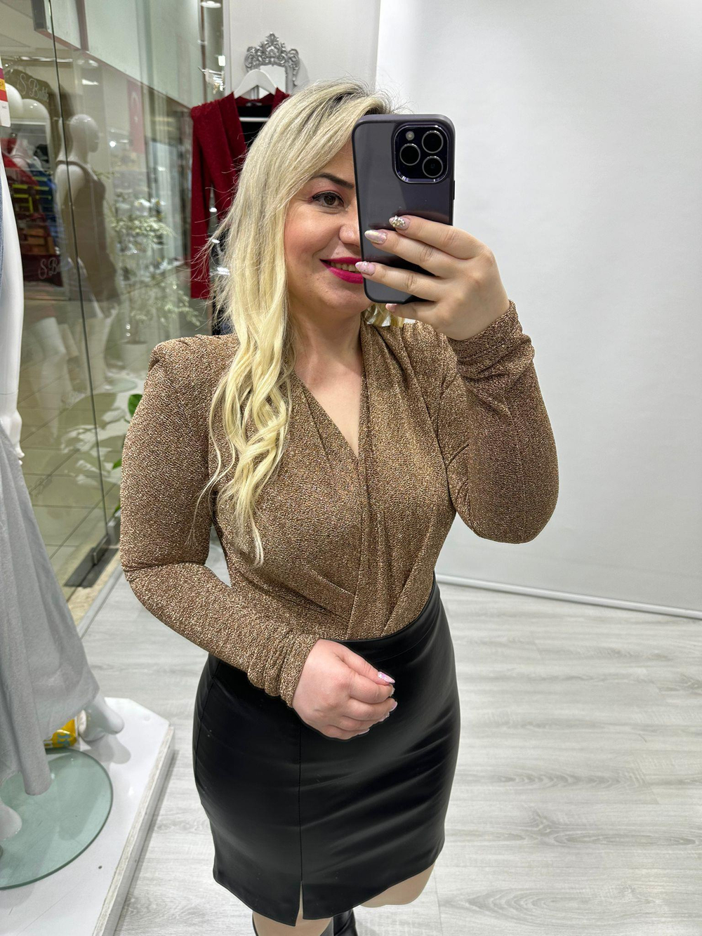Lüx Kalite Işıltılı Vatkalı Likralı BodySuit Bronz