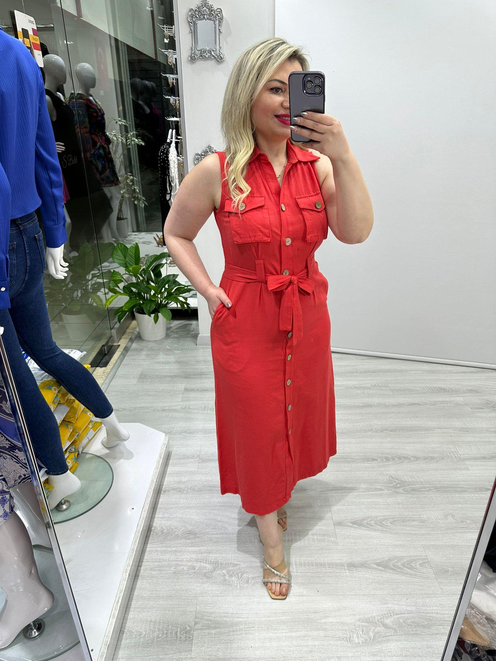 Mercan Safari Model Kolsuz Keten Elbise 5946