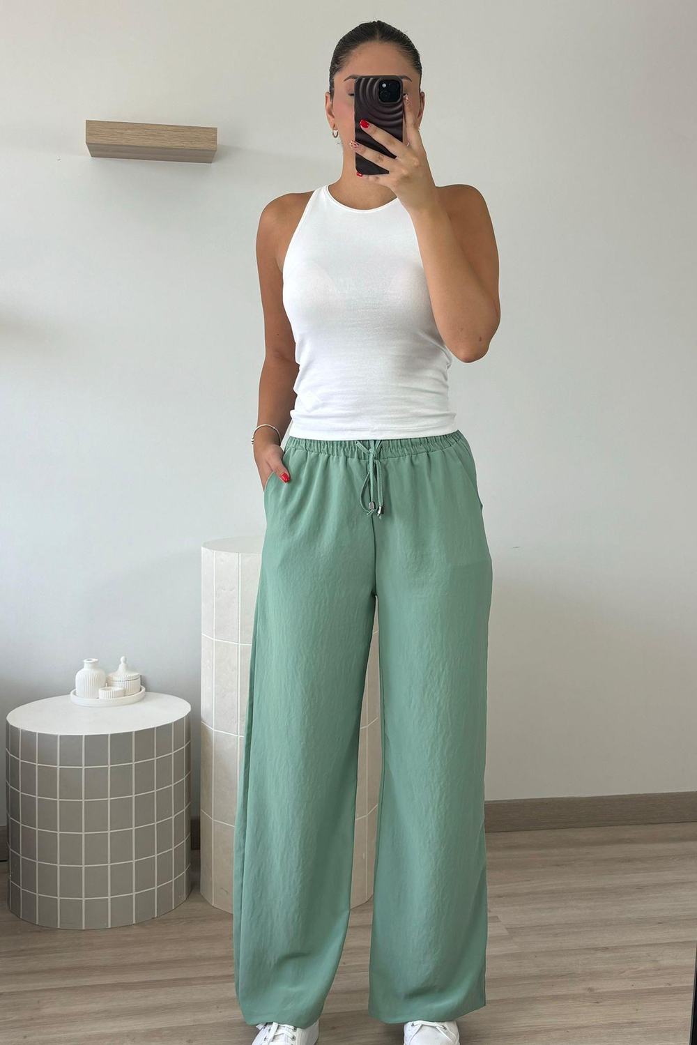 Mint Yeşili Beli Lastikli Bol Paça Pantolon Q