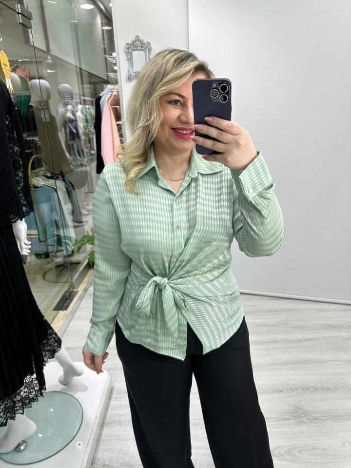 Mint Yeşili Desenli Yandan Bağlamalı Saten Gömlek Bluz stp 26Y1330