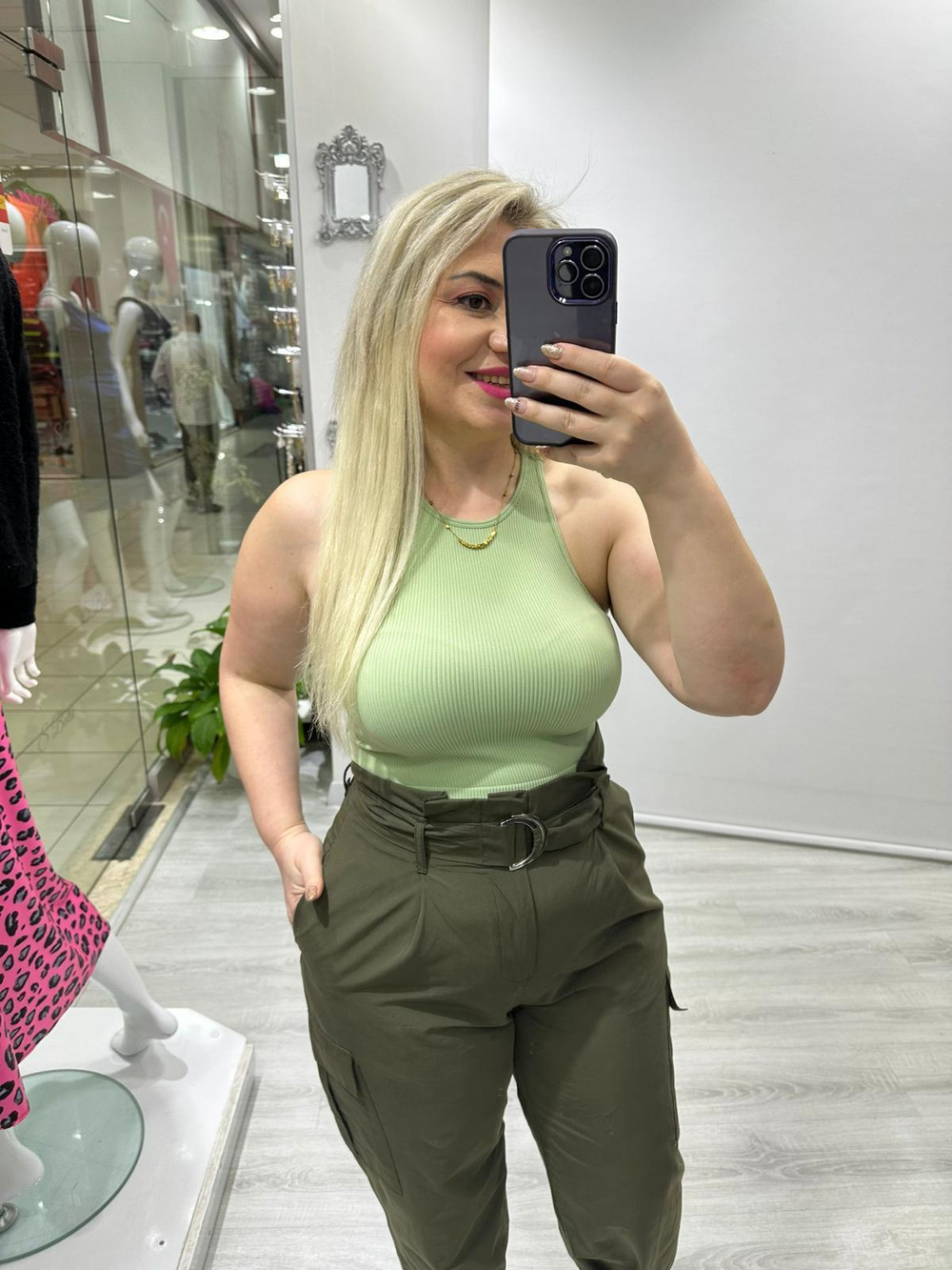 Mint Yeşili Halter Yaka Fitilli Crop 