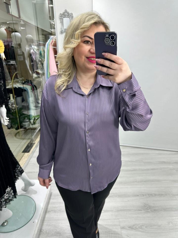 Mor Premium Nibet Kumaş Kendinden Çizgili Saten Gömlek stp 26y1329 