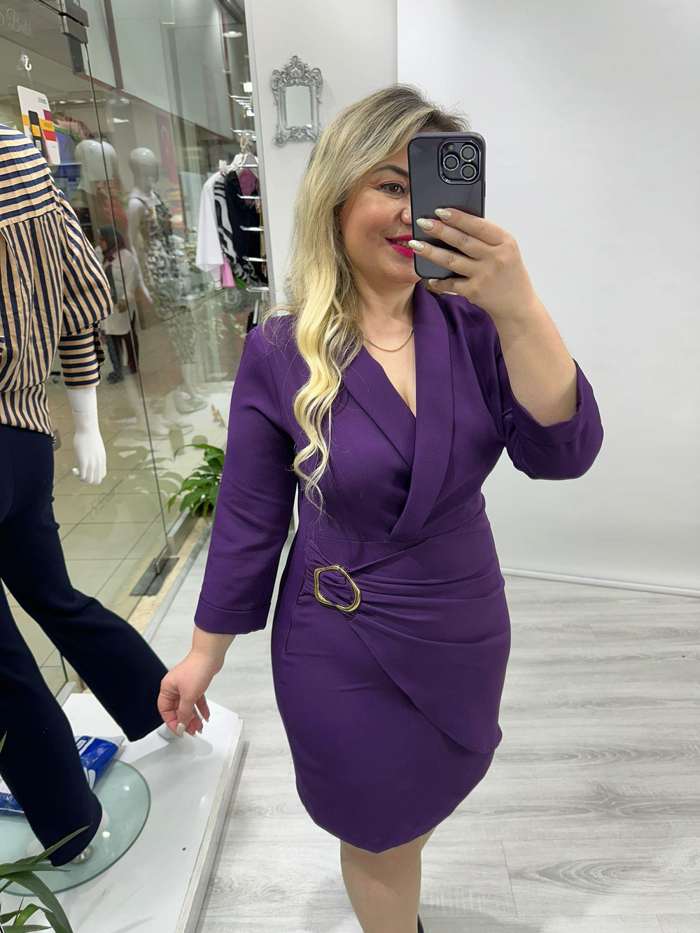 Mürdüm Şal Yaka Gold Toka Detaylı Elbise 5992