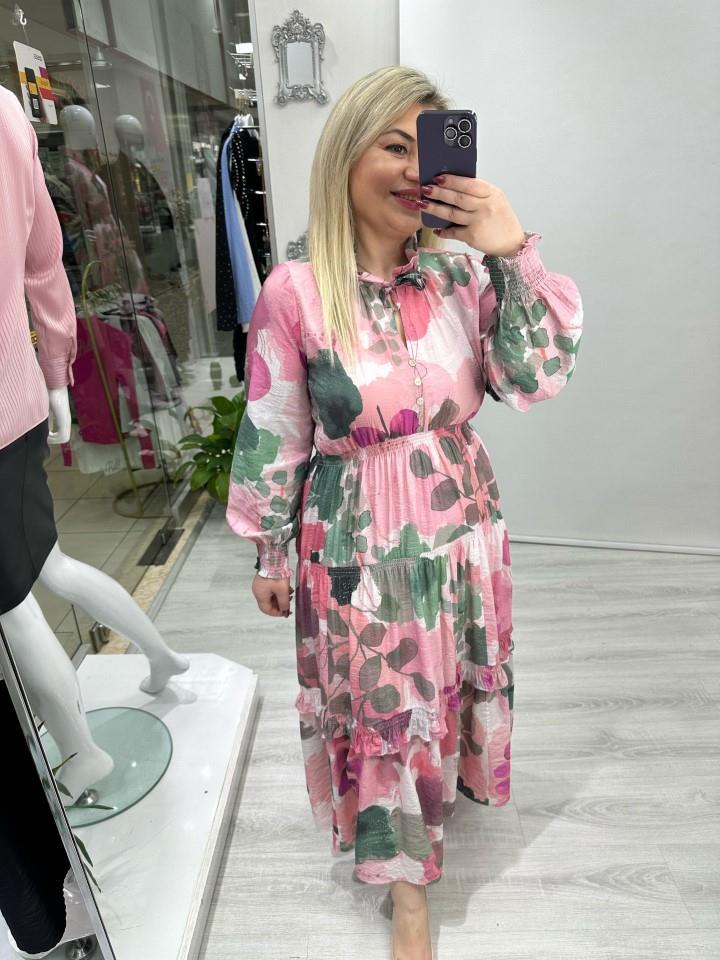Pembe Desenli Gipeli Uzun Elbise dk 580224