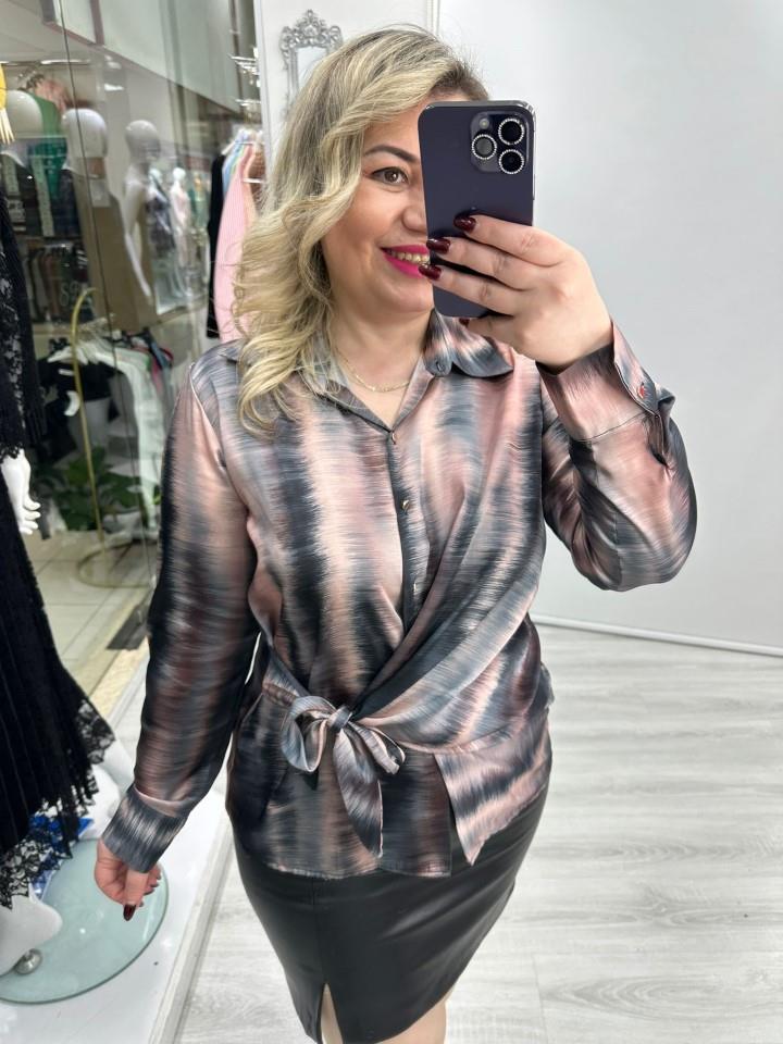Pembe Gri Batik Desenli Yandan Bağlamalı Saten Gömlek Bluz stp 26Y1438