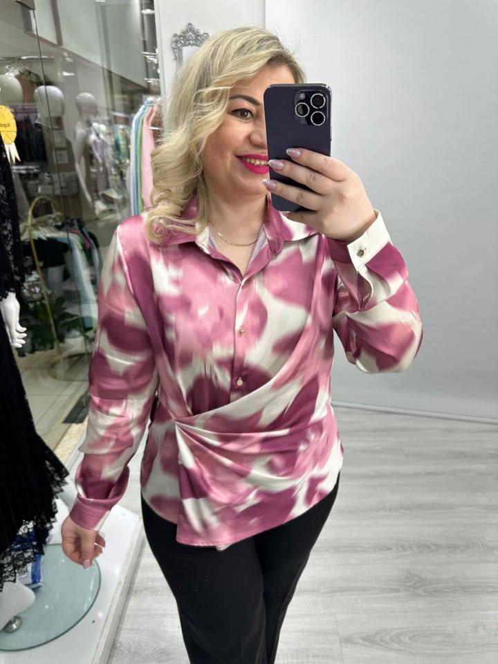 Pembe Krem Desenli Yan Drape Detaylı Saten Bluz Gömlek stp 26k1040