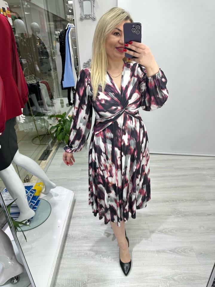 Pembe Mürdüm Desenli Önü Düğümlü Elbise stp 25y2438