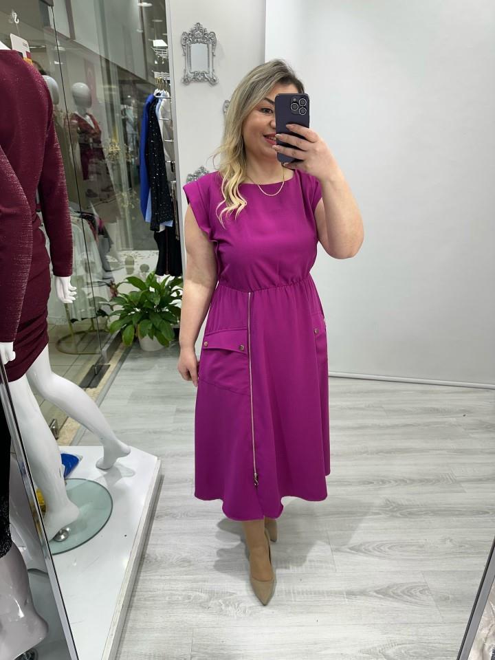Pembe Omuz Vatkalı Beli Lastikli İki Yan Cepli Fermuar Yırtmaçlı Elbise ms 