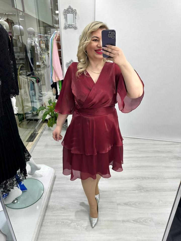 Premium Bordo V Yaka Kruvaze Etek Kısmı 2  Kat Kristal Organze Şifon Elbise stp 26y2757