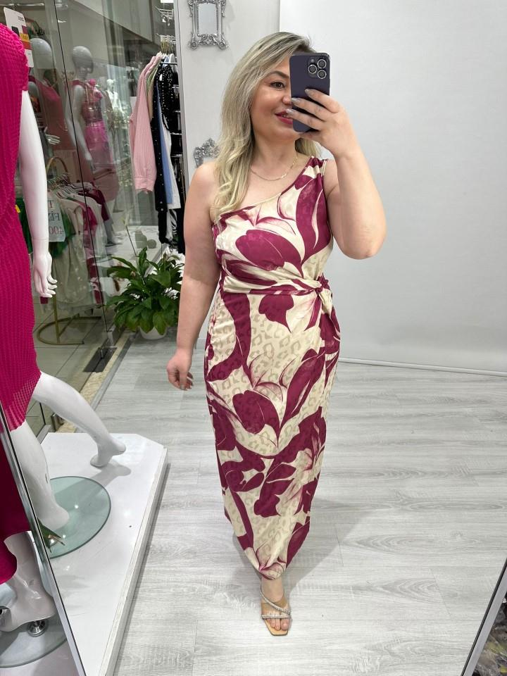 Premium Fuşya Bej Tek Omuzlu Leopar Jakar Elbise stp 25y2467