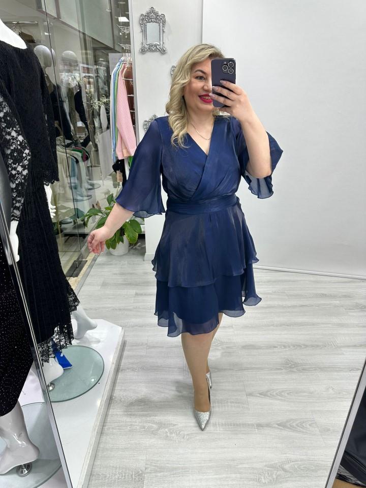 Premium Lacivert V Yaka Kruvaze Etek Kısmı 2  Kat Kristal Organze Şifon Elbise stp 26y2757