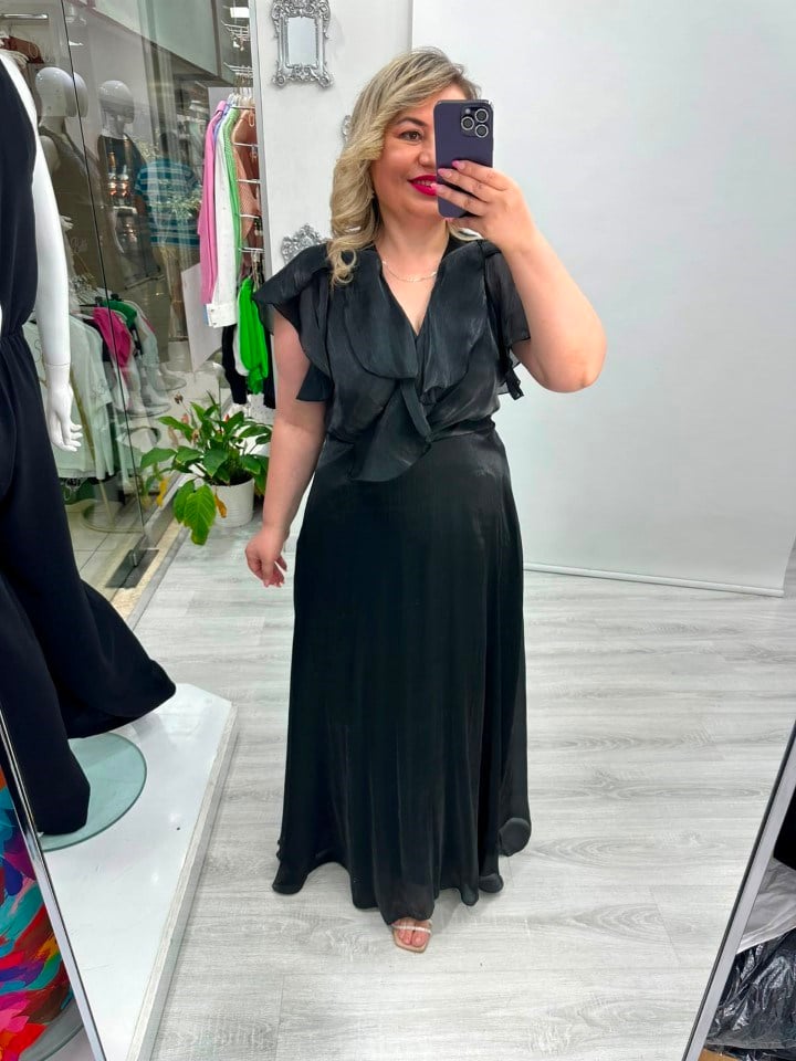 Premium Siyah Organze Şifon Ön Arka V Yaka Kruvaze Kısa Kol Volanlı Uzun Elbise  stp 26y2797