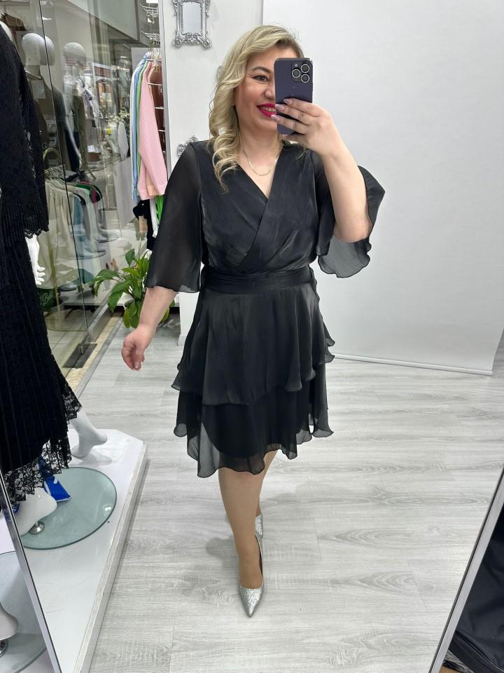 Premium Siyah V Yaka Kruvaze Etek Kısmı 2  Kat Kristal Organze Şifon Elbise stp 26y2757