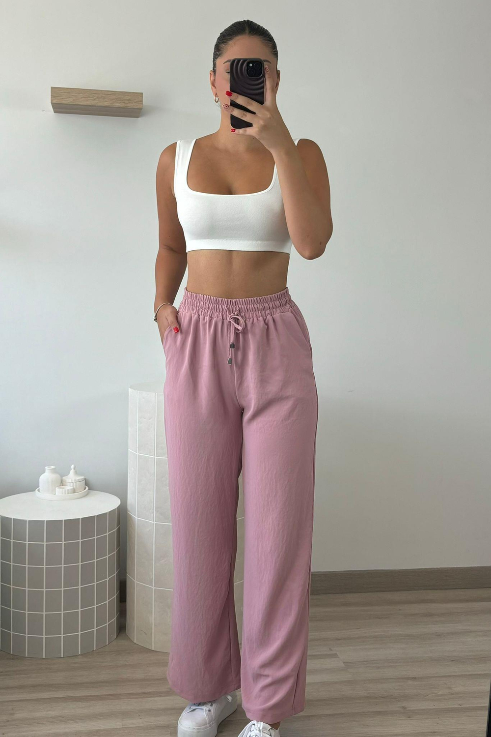 Pudra Pembe Beli Lastikli Bol Paça Pantolon Q