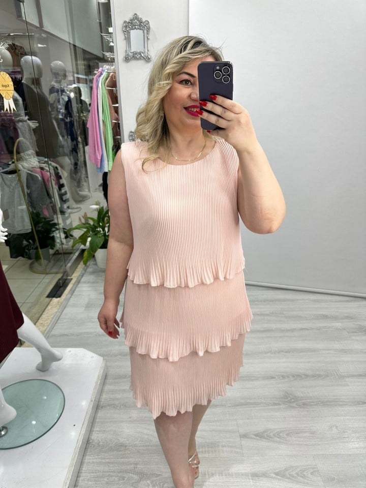 Pudra Pembe Premium İnce Piliseli 3 Katlı Kolsuz Şifon Elbise stp 25Y2627