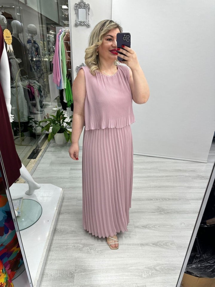 Pudra Pembe Premium Piliseli 2 Katlı Kolsuz Uzun Şifon Elbise stp 26y2621