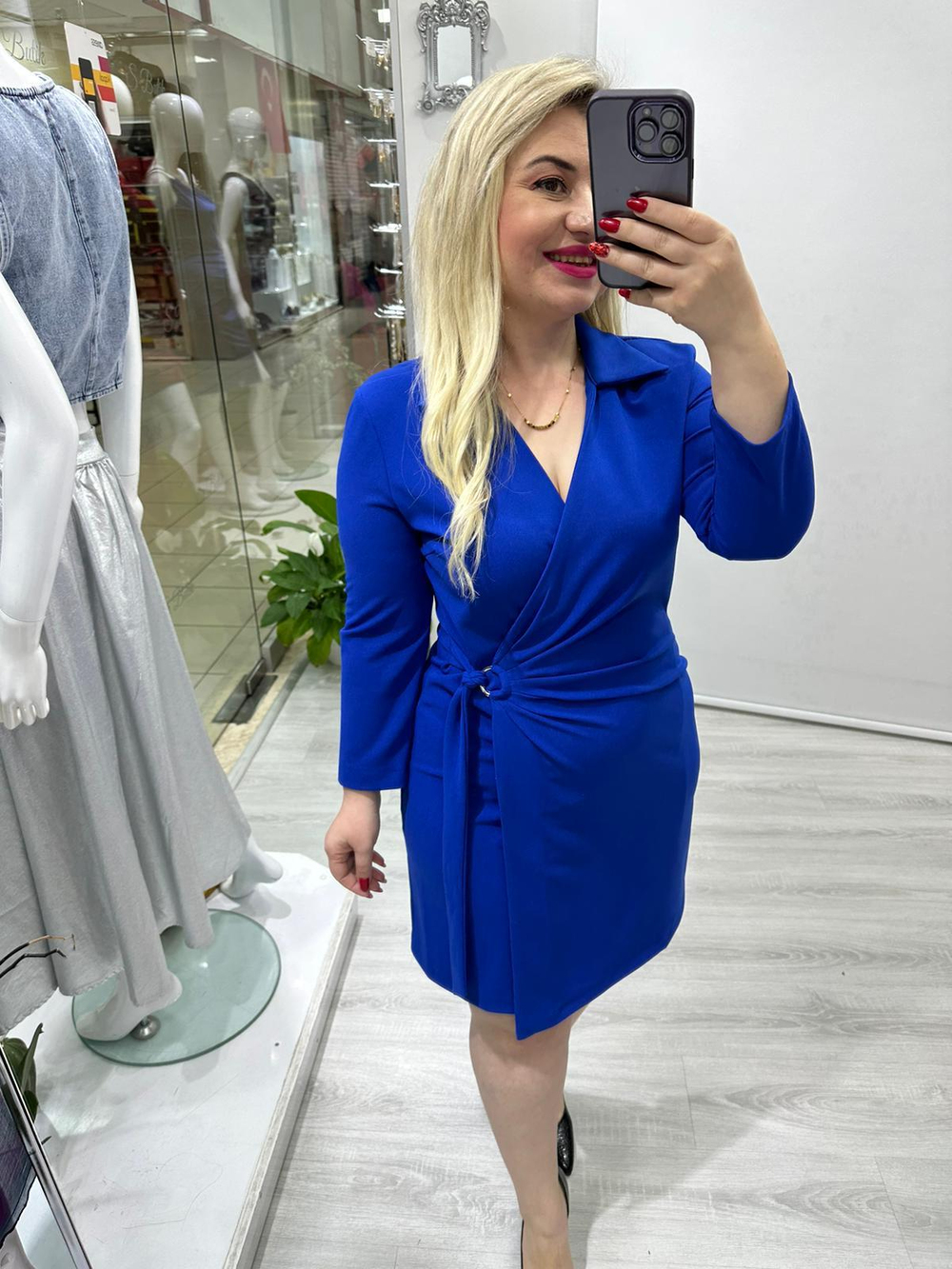 Saks Mavi Kruvaze Yandan Tokalı Bağlamalı Elbise 