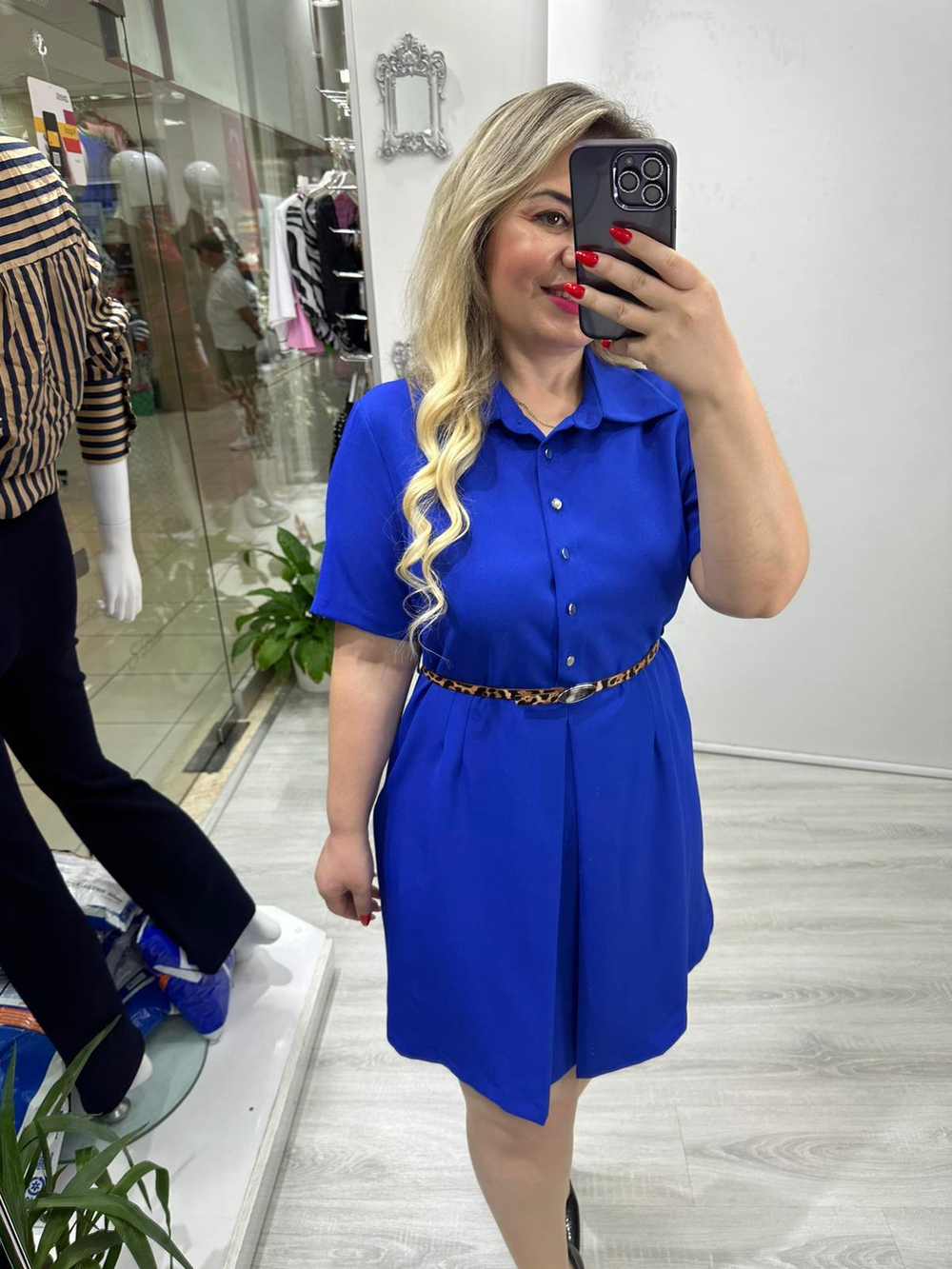 Saks Mavi Leopar Kemerli A Etek Pile Elbise 5987