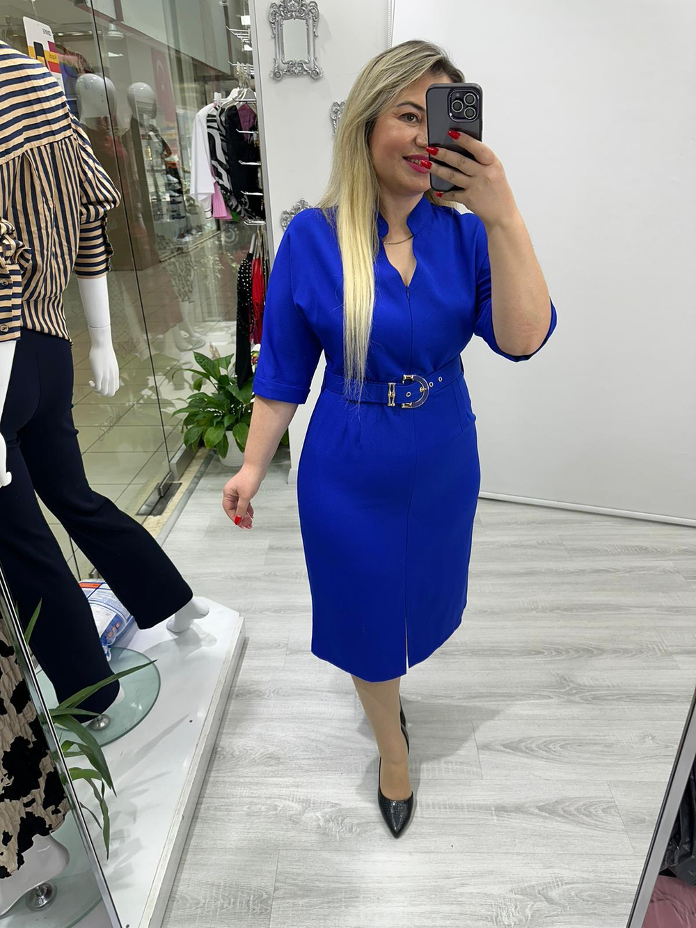 Saks Mavi Ön Yırtmaçlı Kemerli Elbise 5995