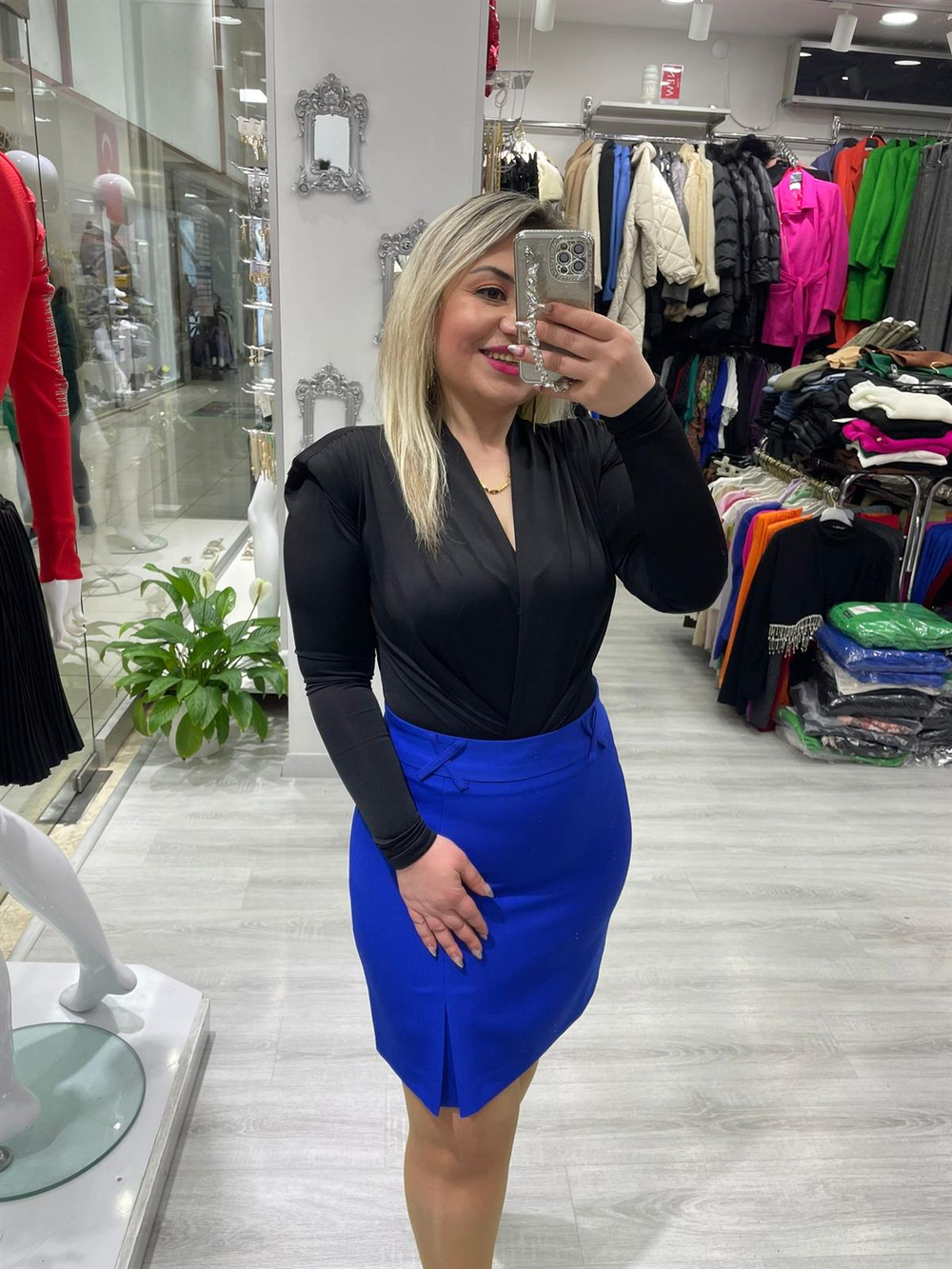 Saks Mavi Pile Detaylı Korsajlı Etek