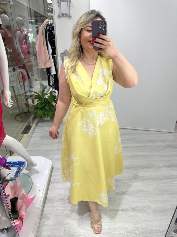 Sarı Beyaz Çiçekli Kolsuz Elbise my 3776