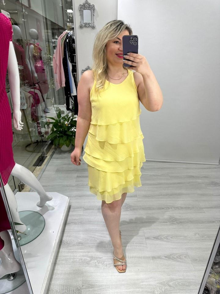 Sarı Kat Kat Kraş Şifon Elbise mc 5021