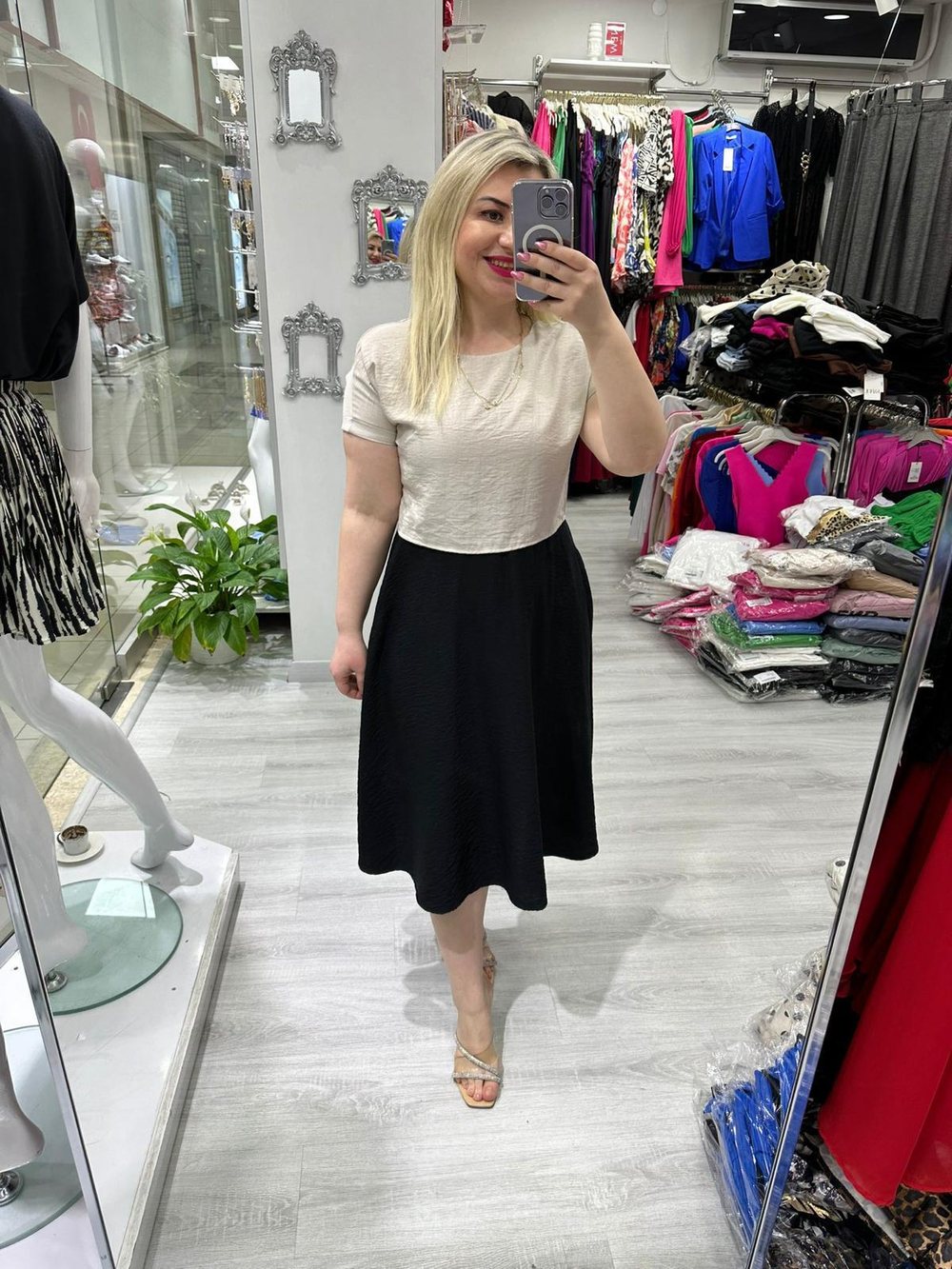 Siyah Bej Midi Bluzlu Elbise 