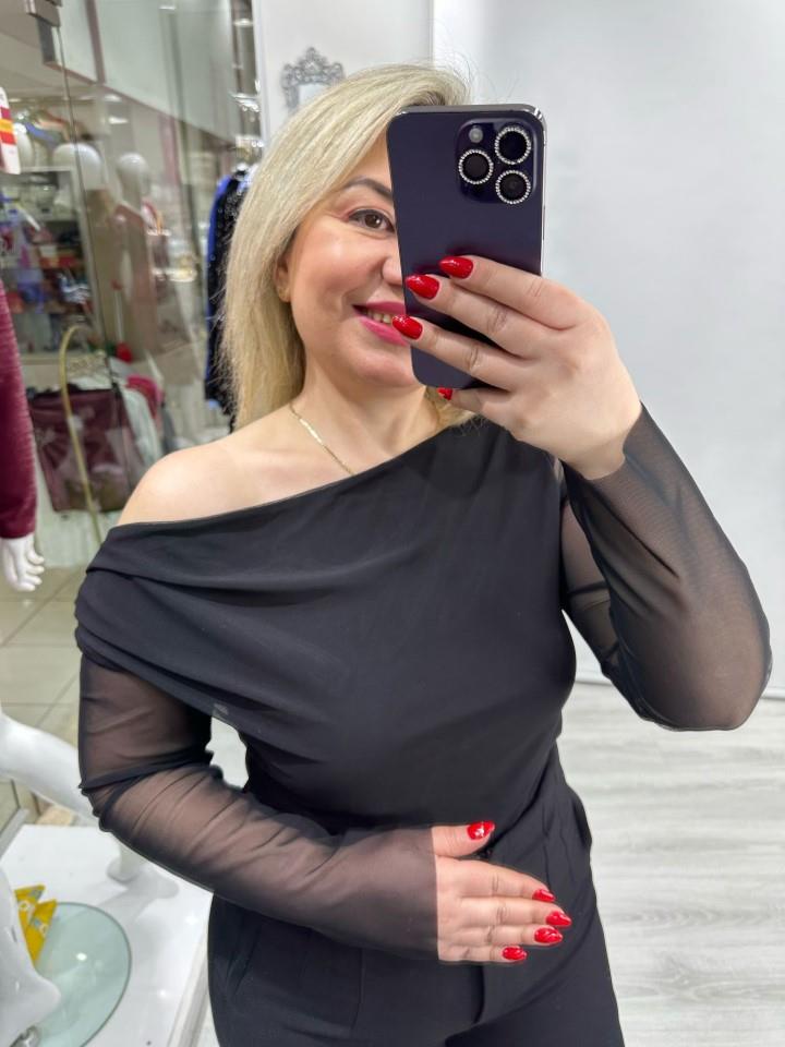 Siyah Çapraz Omuz Dekolteli Tül Bluz stp 25y1316