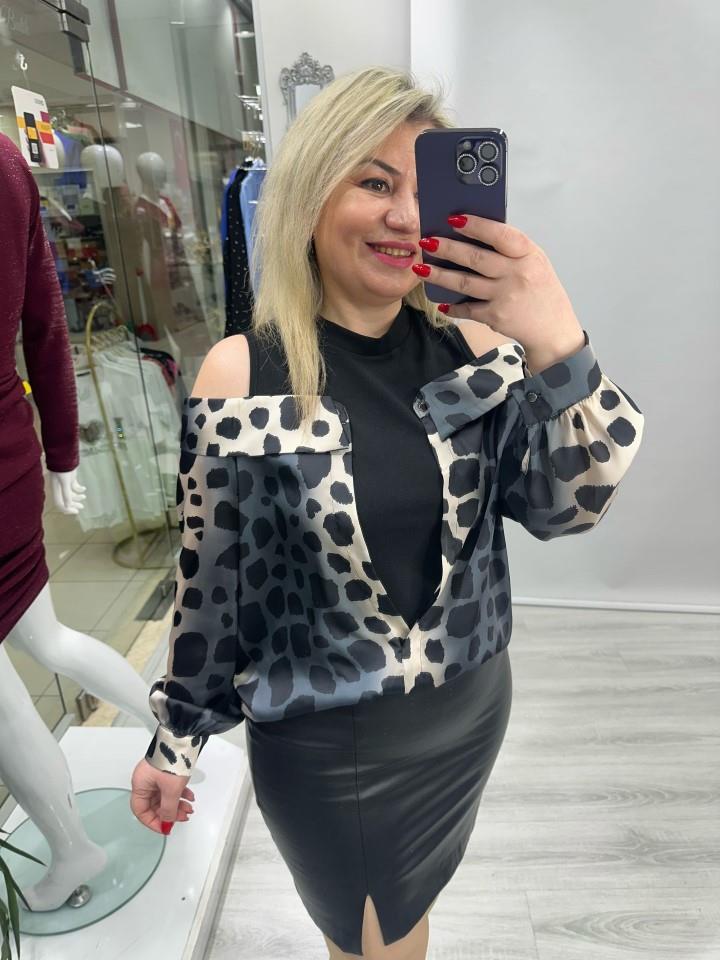Siyah Düşük Omuz Gri Leopar Desenli Gömlek Bluz stp 25Y1279