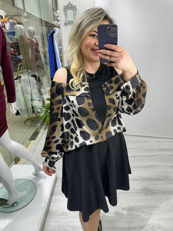Siyah Düşük Omuz Haki Leopar Desenli Gömlek Detaylı Elbise  stp 25Y2427