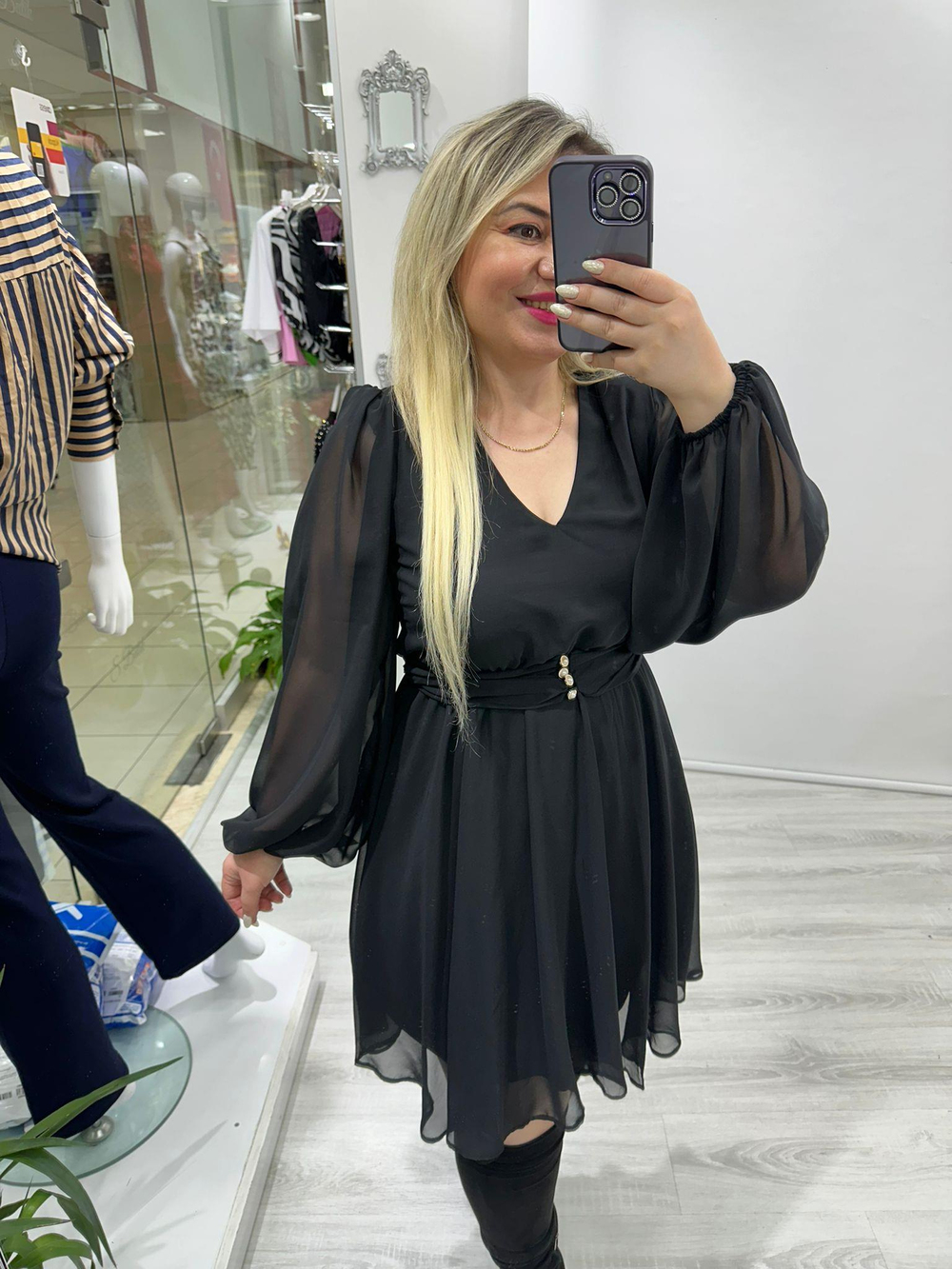 Siyah İnci Düğme Detay Kemerli Şifon Elbise my 3609