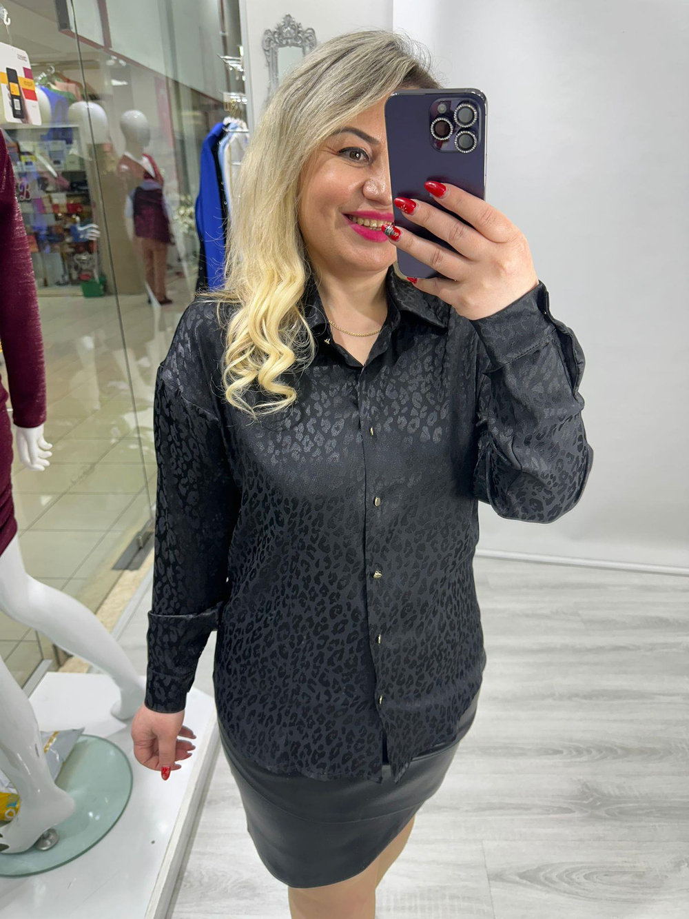 Siyah Kendinden Leopar Desenli Saten Gömlek stp 24K1145