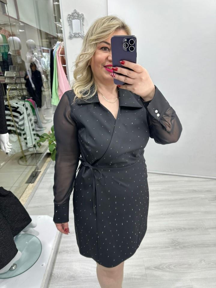 Siyah Kruvaze Şifon Kollu Double Taşlı Elbise stp 26k2708