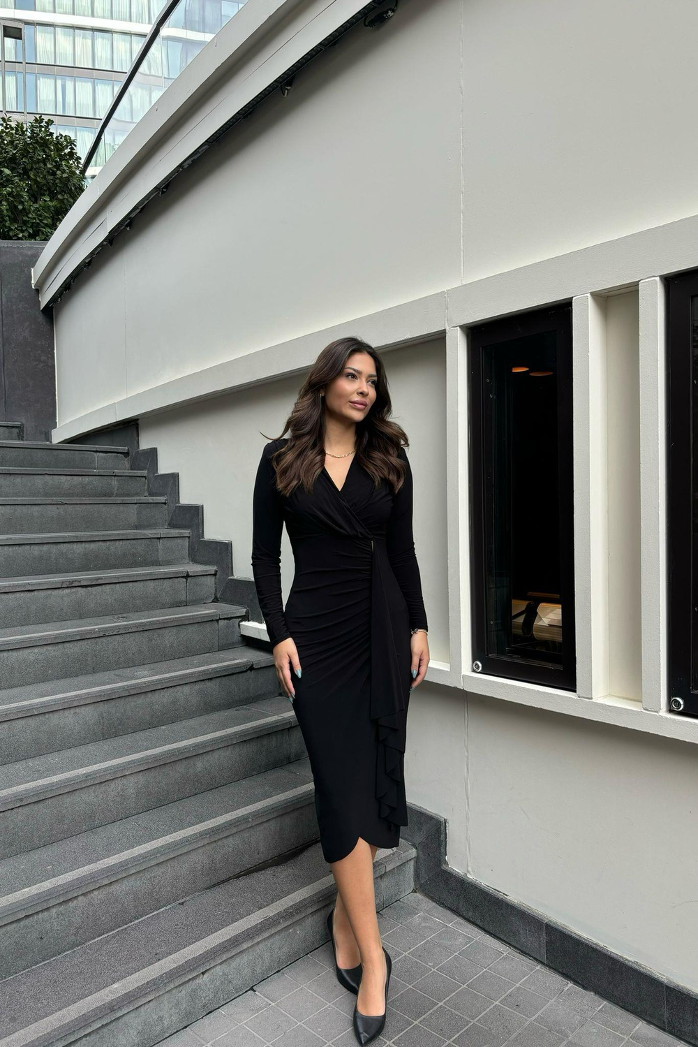 Siyah Kruvaze Yaka Gold Demir Detaylı Sandy Elbise ny 4422