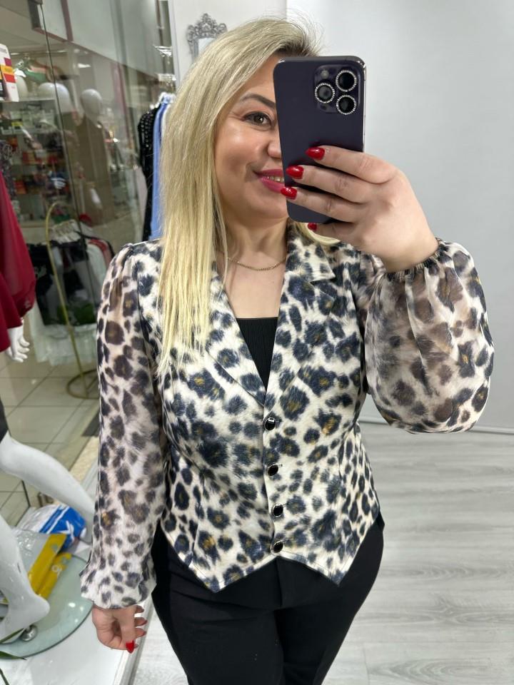 Siyah Lacivert Geçişli Kolları Şifon Düğmeli Leopar Desen Ceket Bluz stp 25k1308