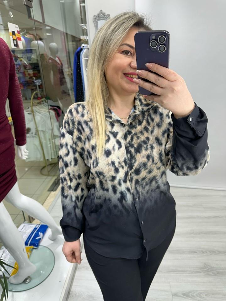 Siyah Leopar Efektli Geçişli Gömlek stp 25y1297