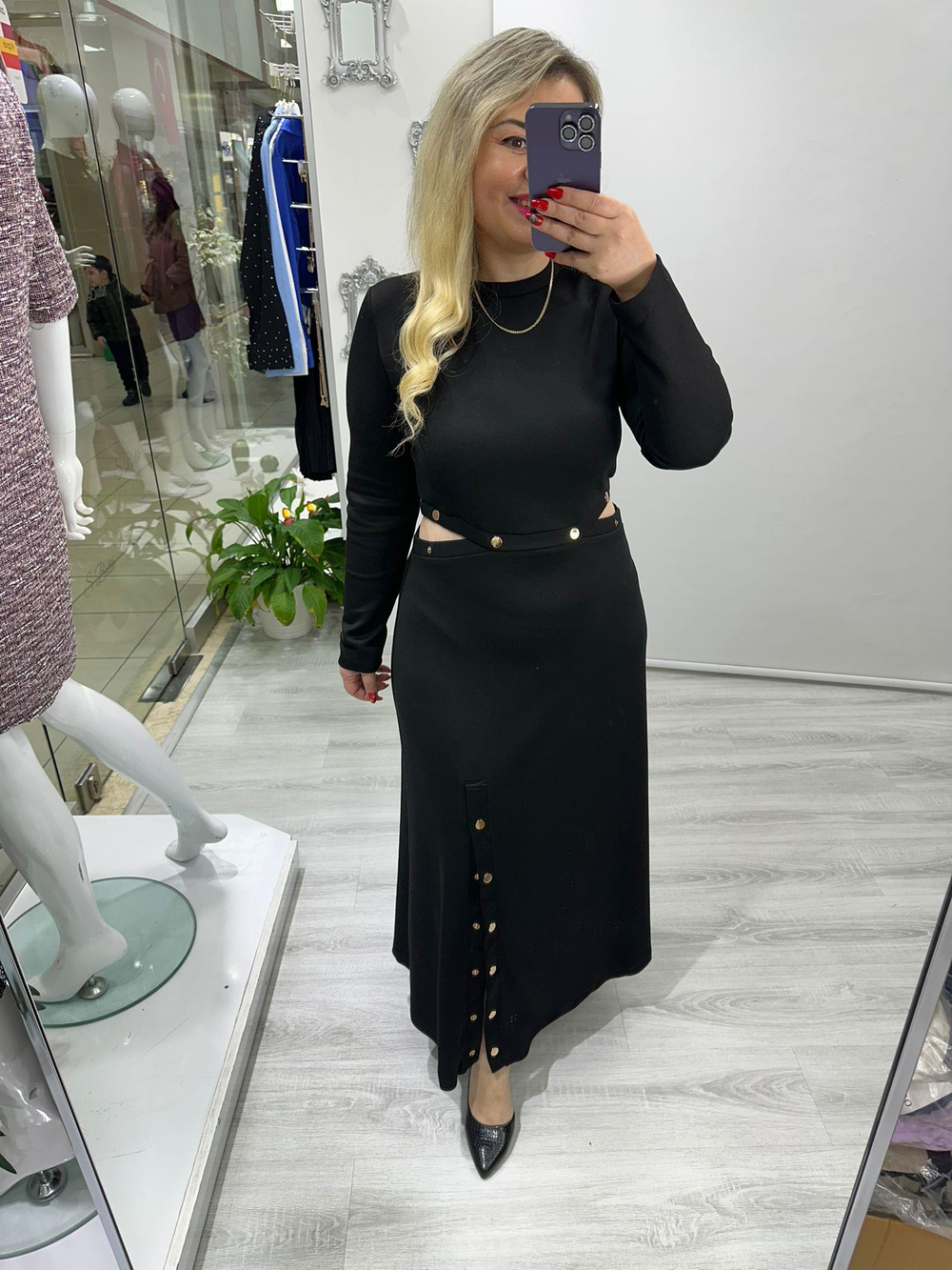 Siyah Modal Çıtçıt Detaylı Elbise bkt 282084