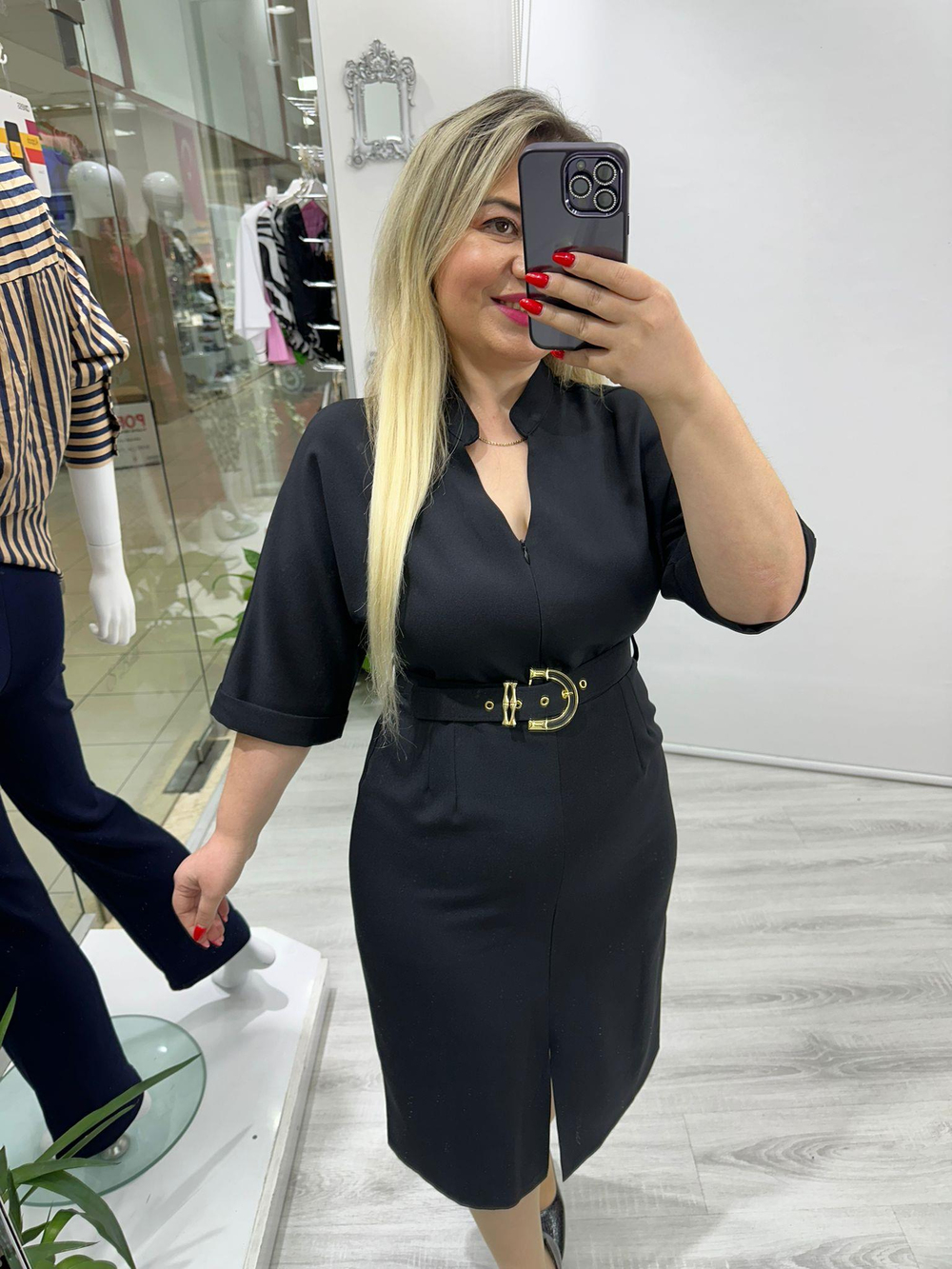 Siyah Ön Yırtmaçlı Kemerli Elbise 5995