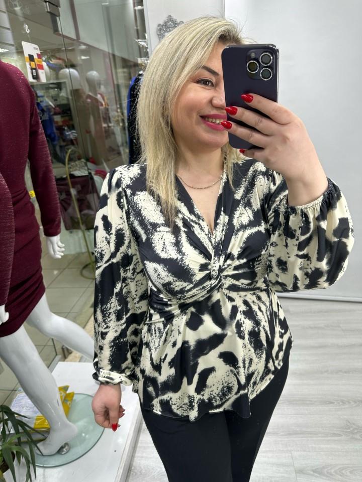Siyah Önü Düğümlü Desenli Uzun Kollu Bluz stp 25y1307